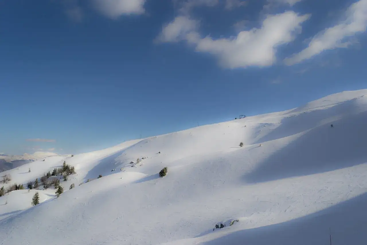 Pendii innevate e alberi sparsi sotto un cielo azzurro. L'abetone altitudine offre uno scenario da sogno per gli amanti della neve.