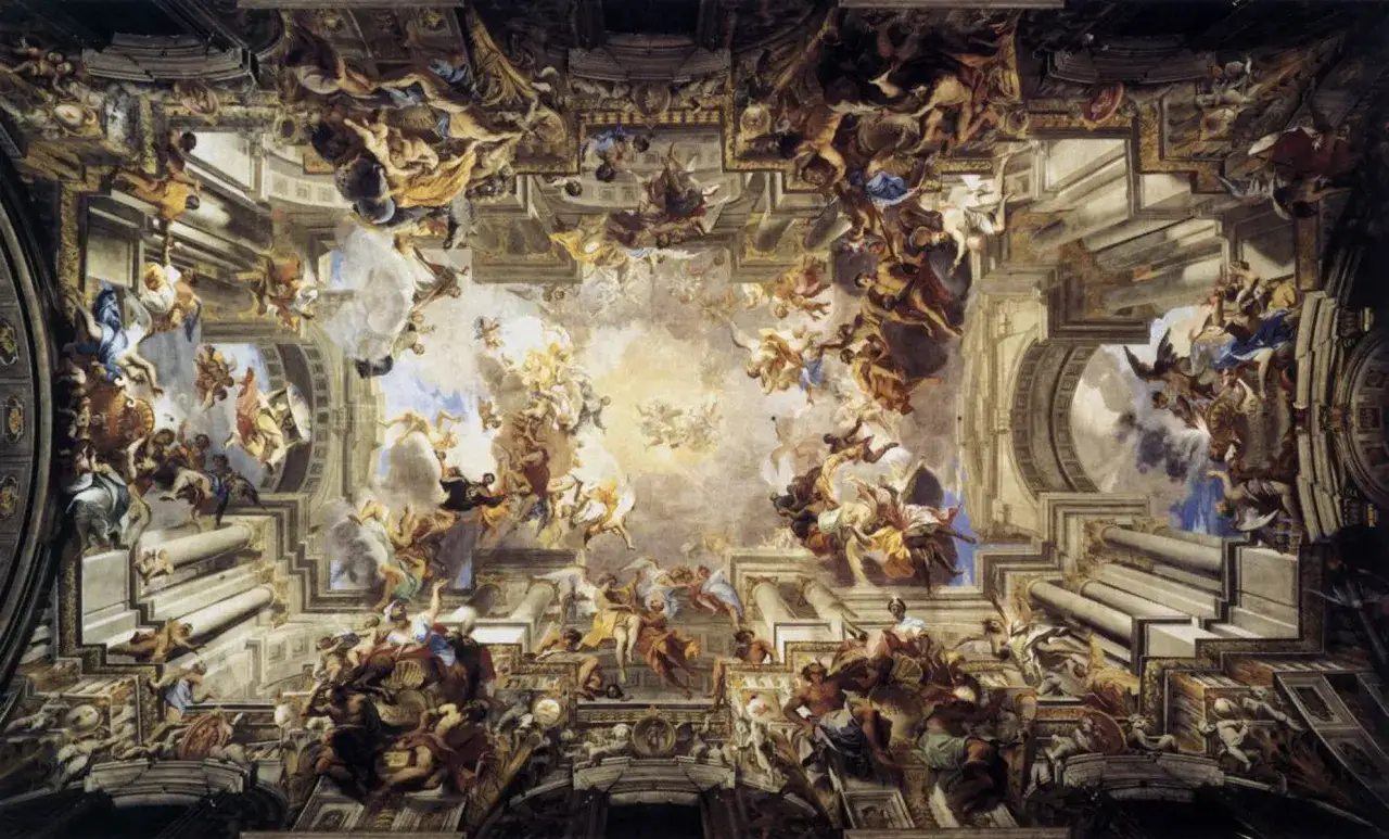 Affresco illusionistico del soffitto della chiesa di Sant'Ignazio di Loyola, con figure celesti e architetture dipinte che creano un effetto di profondit&agrave;.
