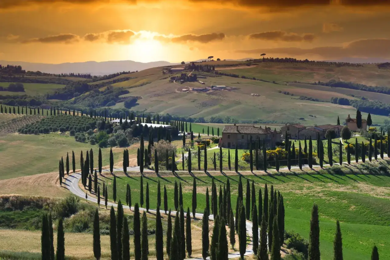 Colline toscane al tramonto, con cipressi che fiancheggiano una strada tortuosa e casali in pietra. Asciano cosa vedere in questo paesaggio da sogno.