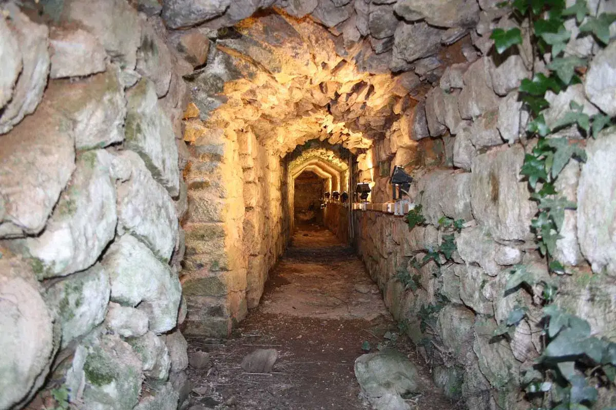 Un suggestivo corridoio in pietra illuminato, parte di Vetulonia cosa vedere. Un viaggio nel tempo tra antiche mura.