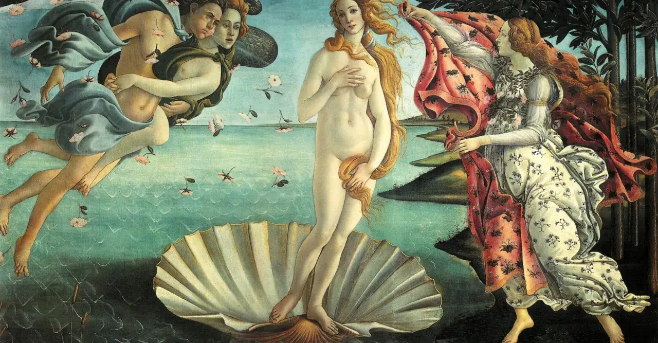 Nascita di Venere, capolavoro della Gallerie degli Uffizi Firenze. La dea emerge dal mare su una conchiglia, accolta da Zefiro e da una delle Ore.