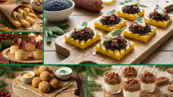 Varietà di cotechino ricette gourmet: involtini, tartine, polpette e bicchierini con lenticchie e cotechino.